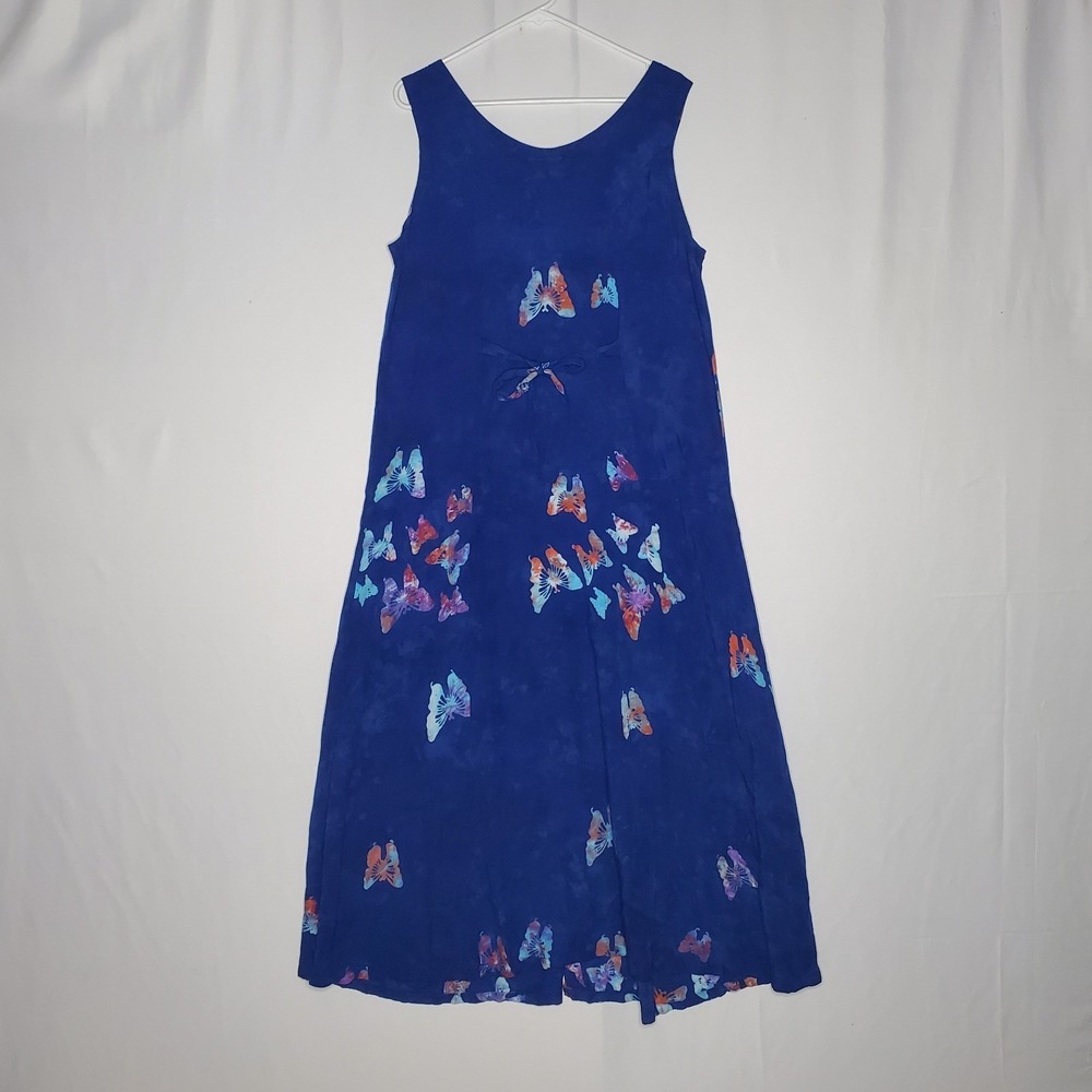 Jon Wenger Vtg Hawaiian Full Button Midi Dress L/XL Butterfly Fairy Hippie Beach - Picture 2 of 9